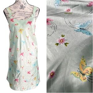 Y2K Mint Satin Butterfly Slip Dress • Pastel Floral Print • Size Medium